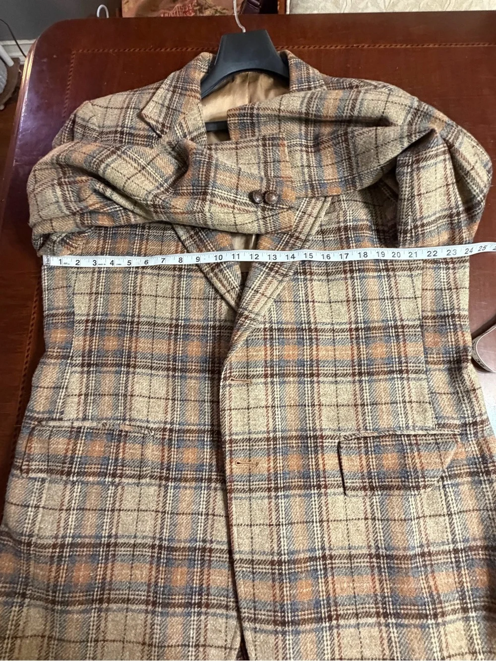 Vintage Wool Tweed Blazer 46R Brown Blue Tan Windowpane Plaid Mens Sport Coat 33